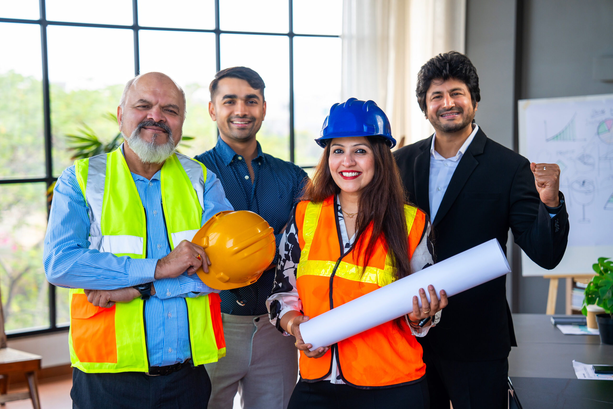 Govcon Accounting helped small business win new contract. Four employees of construction team looking happy.