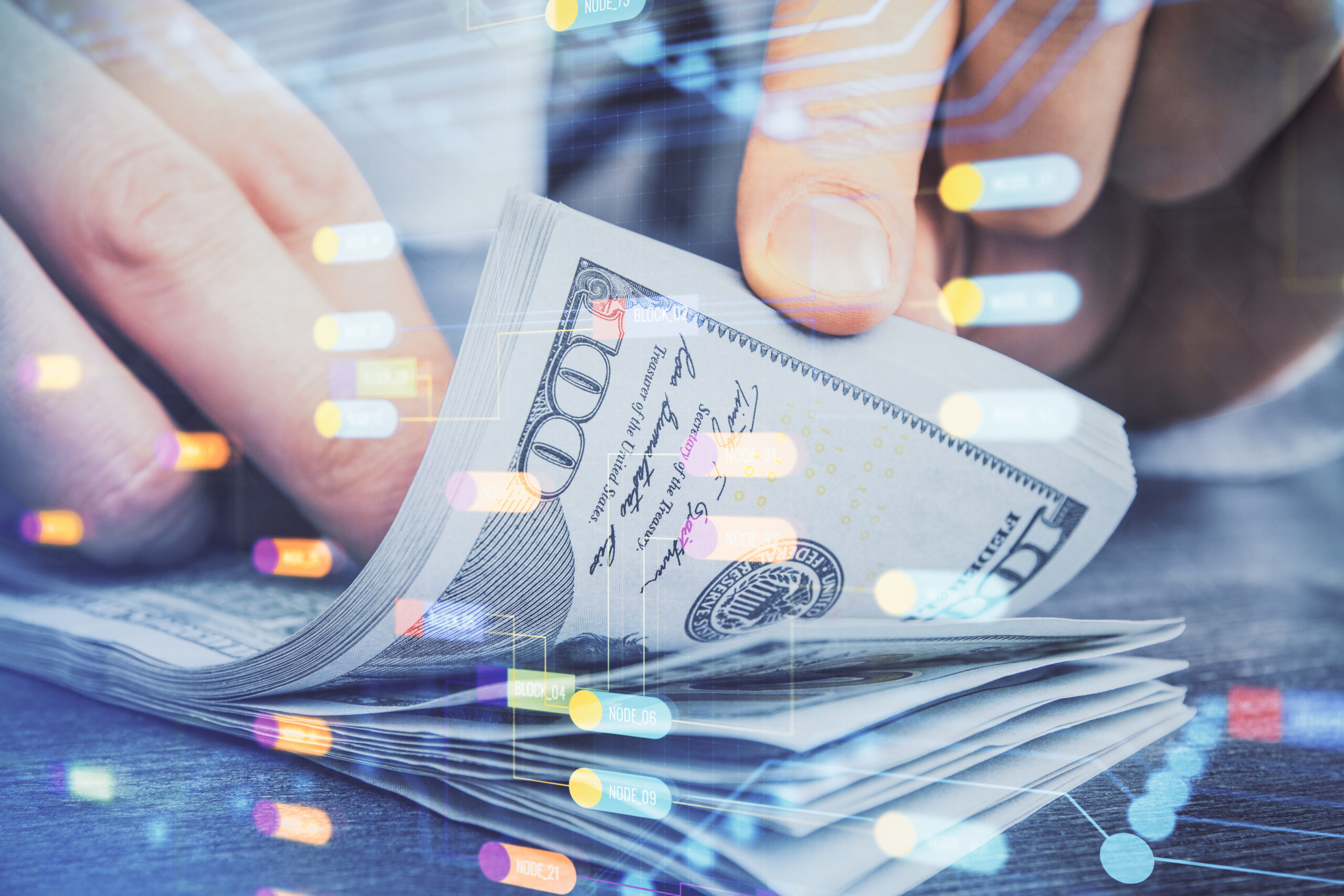 Double exposure of technology drawing hologram and us dollars bills and man hands. Data concept