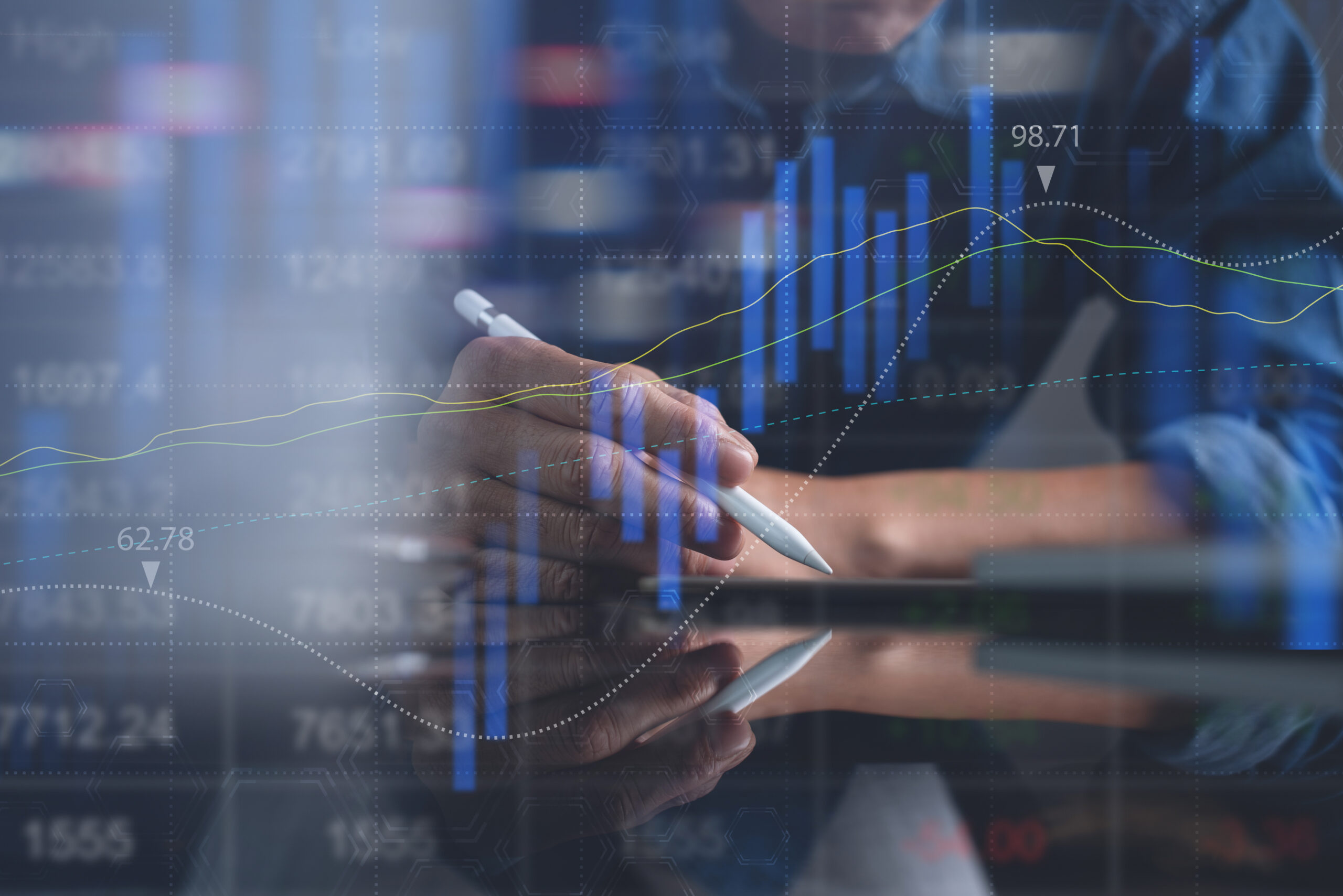 Stock market analysis Business analysis, stock market report, modern technology concept. Finance analyst, stock trader analysing business data, financial graph on digital tablet and laptop computer with candlestick graph interface